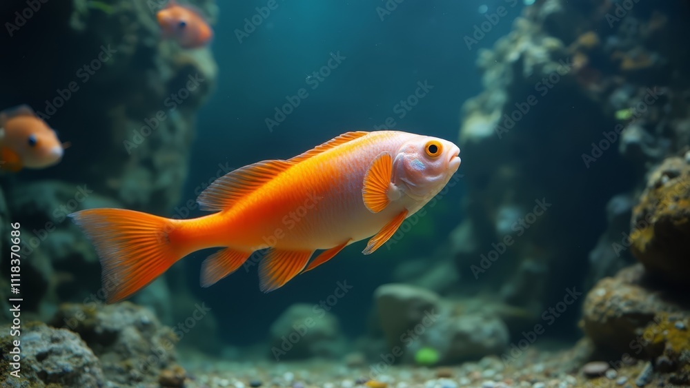 A group of orange fish swimming in an aquarium A group of orange fish swimming in an aquarium