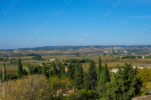 Scenic Agricultural Landscape Typical of Provence. View from Medieval Village of Sablet, Provence, France. Wine Plain of Vaucluse which Includes of Côte du Rhône Rasteau, Gigondas, Cairanne.