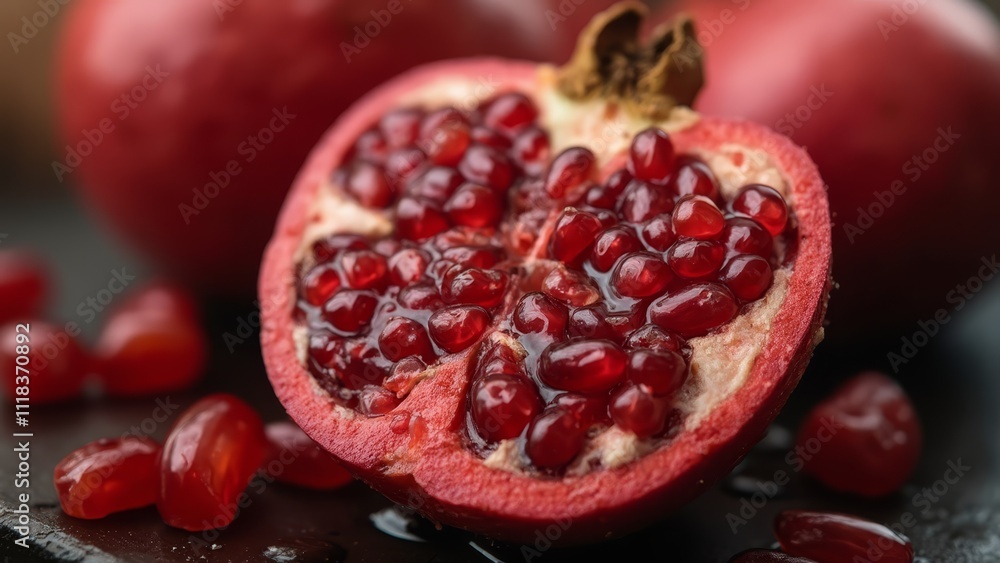 A pomegranate cut in half on a black surface A pomegranate cut in half on a black surface