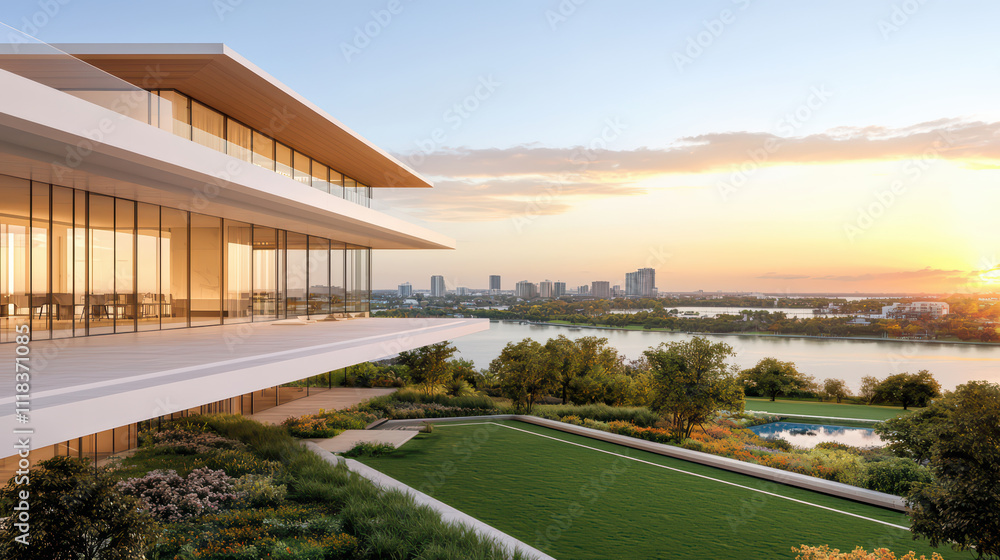 modern penthouse with floor to ceiling windows offers stunning views of city skyline and river at sunset. lush greenery and landscaped gardens enhance luxurious atmosphere modern penthouse with floor to ceiling windows offers stunning views of city skyline and river at sunset. lush greenery and landscaped gardens enhance luxurious atmosphere