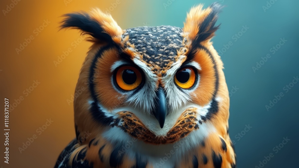 A close up of an owl's face with yellow eyes A close up of an owl's face with yellow eyes