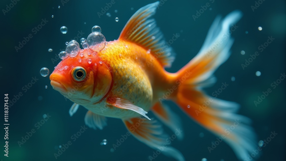 A goldfish swimming in an aquarium with bubbles A goldfish swimming in an aquarium with bubbles