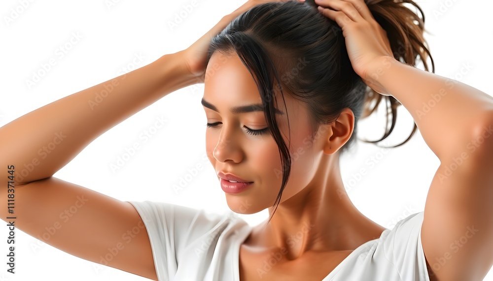 Tired Woman Rubbing Her Temples with Eyes Closed Against a White Backdrop Tired Woman Rubbing Her Temples with Eyes Closed Against a White Backdrop