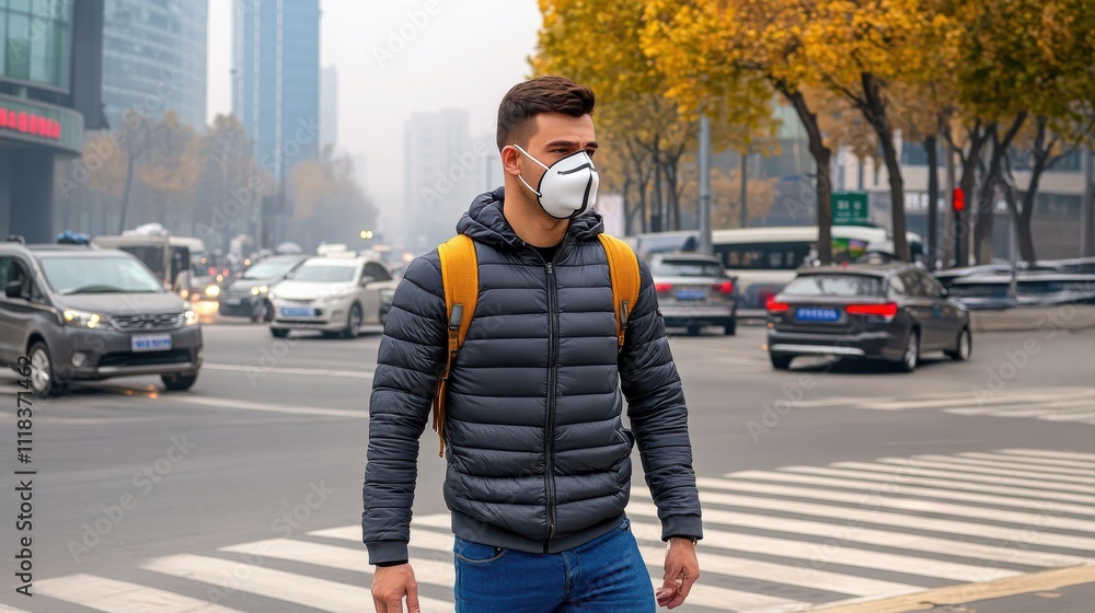 Young man wearing a protective mask walking across a busy urban intersection surrounded by traffic and autumn-colored trees in a modern city setting Young man wearing a protective mask walking across a busy urban intersection surrounded by traffic and autumn-colored trees in a modern city setting