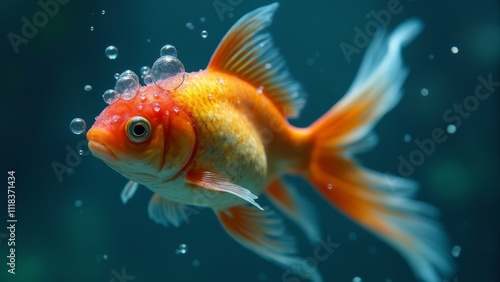 A goldfish swimming in an aquarium with bubbles