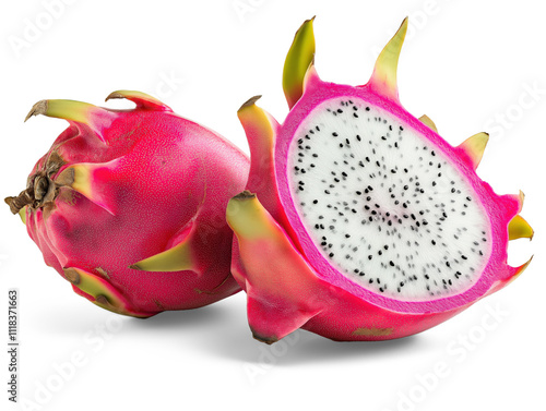 Sliced and whole dragon fruit showcasing its bright colors and unique texture isolated on transparent background photo