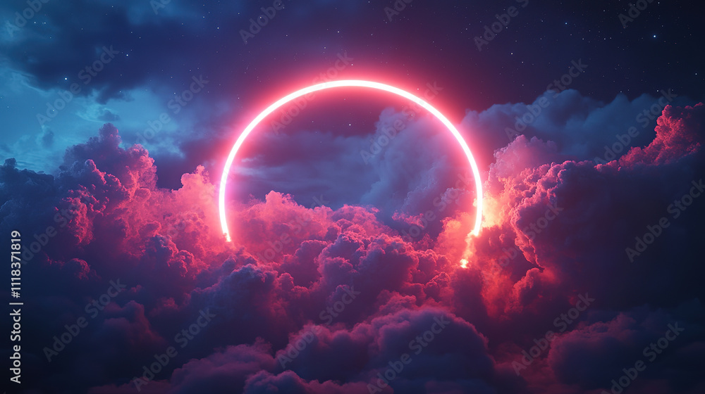 Dreamy abstract cloud with vibrant neon ring on a starry night background Dreamy abstract cloud with vibrant neon ring on a starry night background