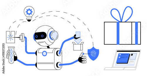 Multifunctional robot performing tasks thumbs up holding lab sample, box, light bulb, and shield. Ideal for automation, technology, innovation, security, e-commerce research digital interaction