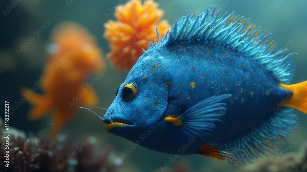 A blue and yellow fish swimming in an aquarium A blue and yellow fish swimming in an aquarium
