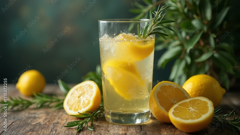 A glass of lemonade with sliced lemons and rosemary on a wooden table A glass of lemonade with sliced lemons and rosemary on a wooden table