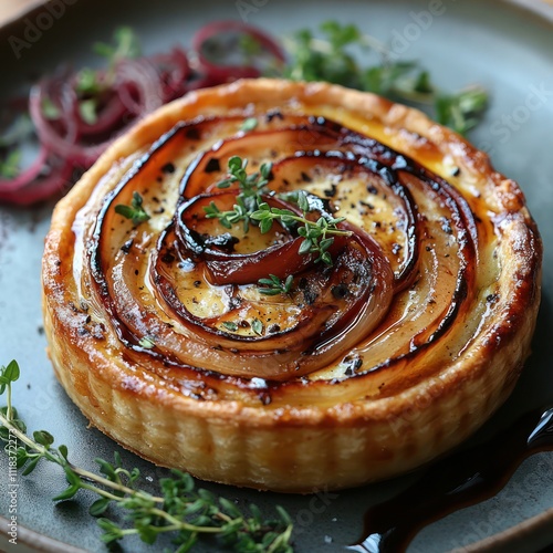 An exquisite presentaton of intricate tartlet filled with goat cheese mousse, caramelized onions, and thyme, plated with a drizzle of balsamic photo