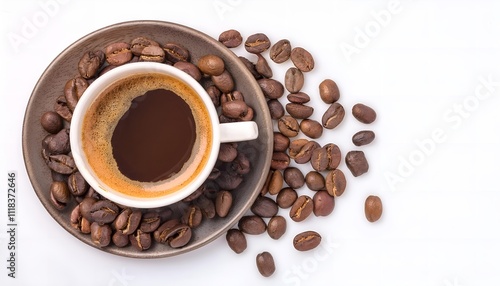 Top view of a steaming coffee cup on a saucer, surrounded by roasted coffee beans. Perfect for conveying morning energy and the aromatic essence of freshly brewed coffee. Isolated on white background photo