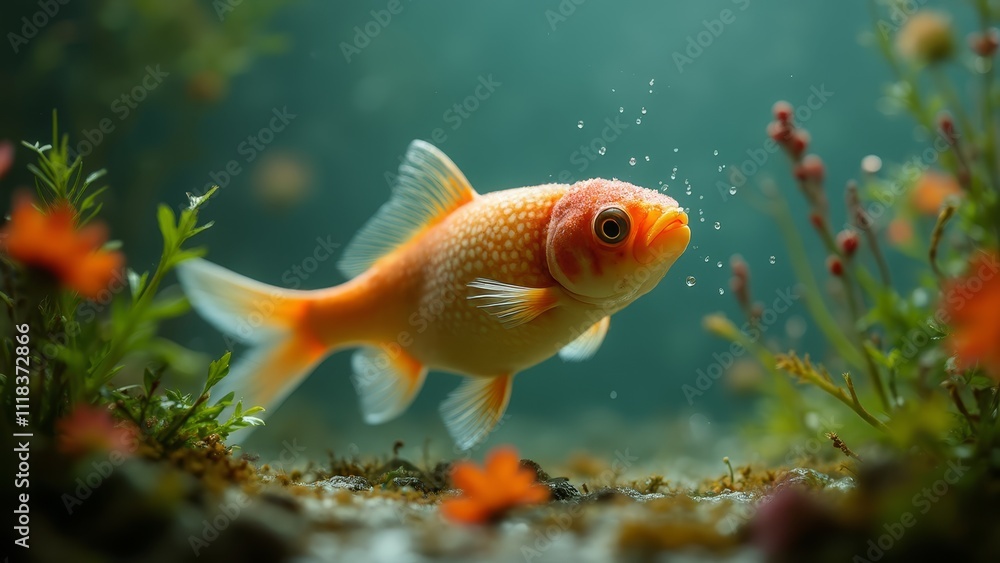 A goldfish swimming in an aquarium filled with plants A goldfish swimming in an aquarium filled with plants
