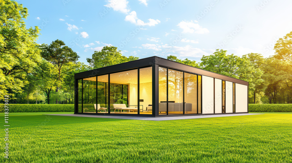 modern glass house surrounded by lush greenery, featuring large windows that invite natural light. sleek design harmonizes with vibrant outdoor landscape, creating serene atmosphere modern glass house surrounded by lush greenery, featuring large windows that invite natural light. sleek design harmonizes with vibrant outdoor landscape, creating serene atmosphere