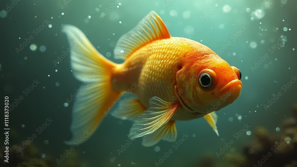 A goldfish swimming in an aquarium with bubbles A goldfish swimming in an aquarium with bubbles