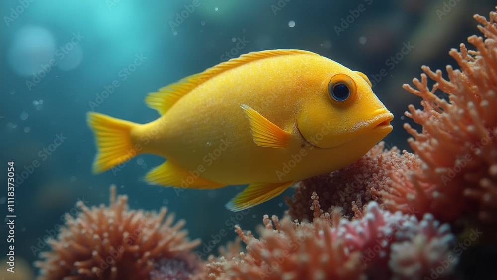 A yellow fish swimming in an aquarium next to a coral A yellow fish swimming in an aquarium next to a coral