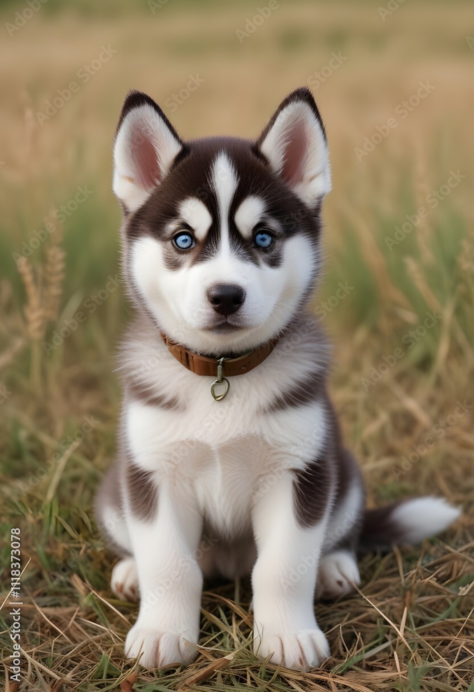A husky puppy with a brown collar sitting in a grassy field A husky puppy with a brown collar sitting in a grassy field
