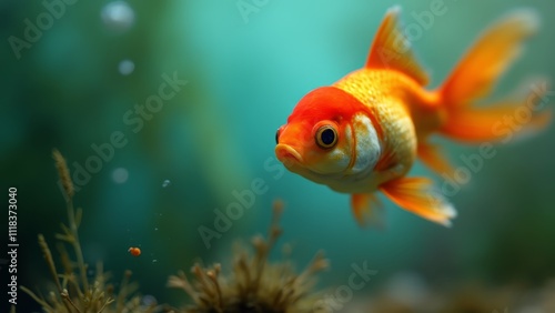 A goldfish swimming in an aquarium with a small orange fish