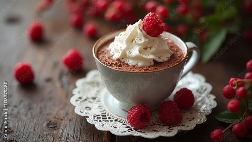 A cup of hot chocolate with whipped cream and raspberries A cup of hot chocolate with whipped cream and raspberries