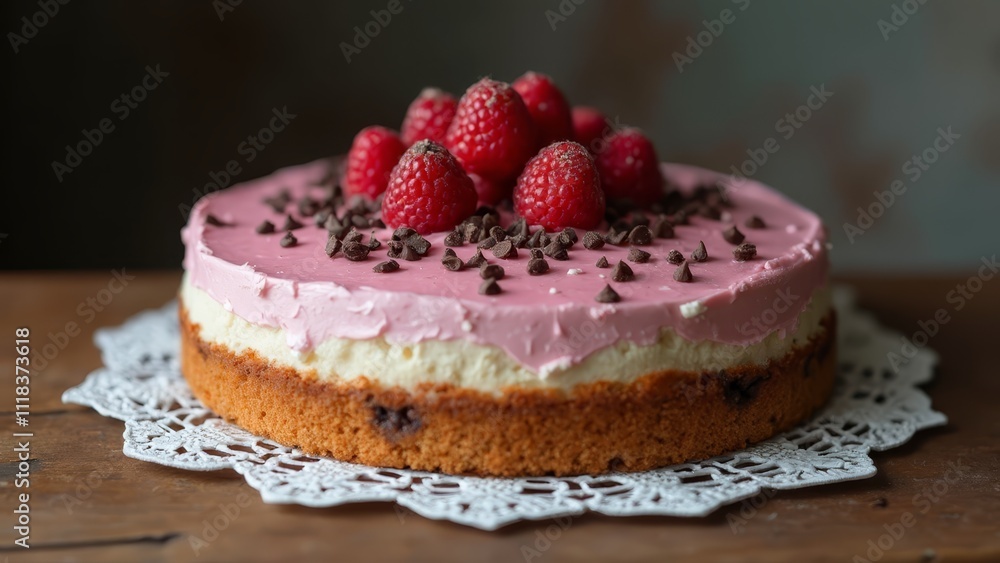 A cake with raspberries on top of it on a doily A cake with raspberries on top of it on a doily