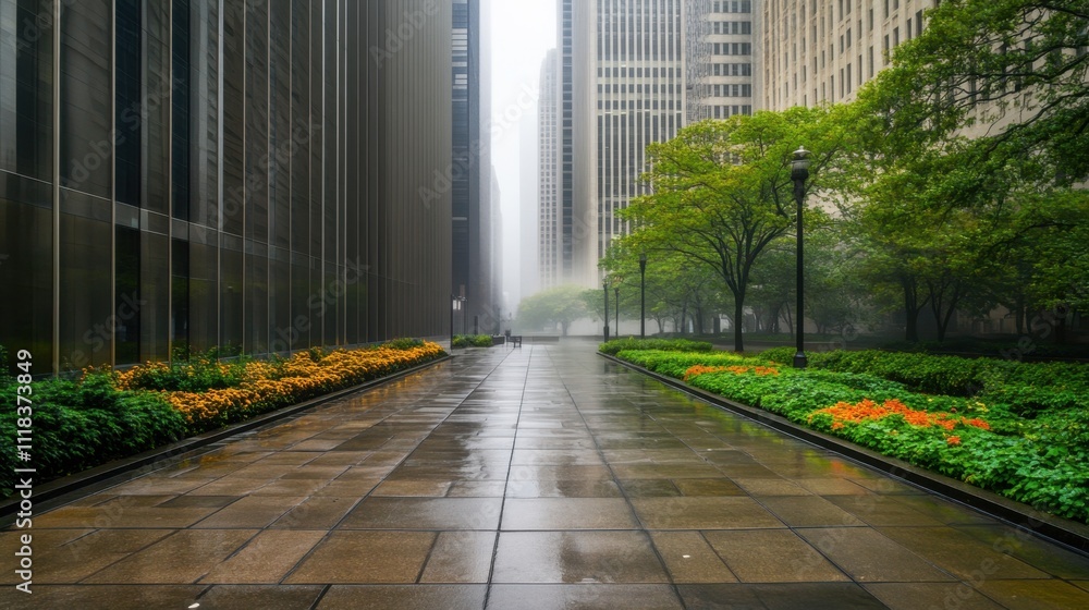 Fototapeta premium A lonely sidewalk framed by towering, modern buildings and sparse greenery, enveloped in a chilly mist.