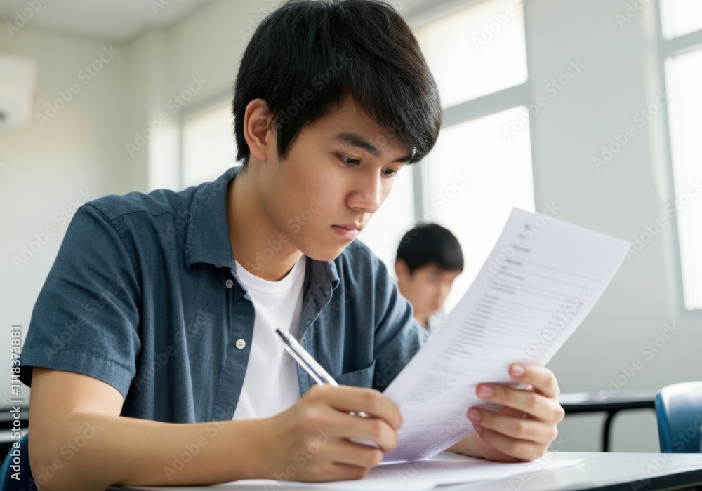 Focused student taking a test in classroom, filling out exam paper, educational concept Focused student taking a test in classroom, filling out exam paper, educational concept