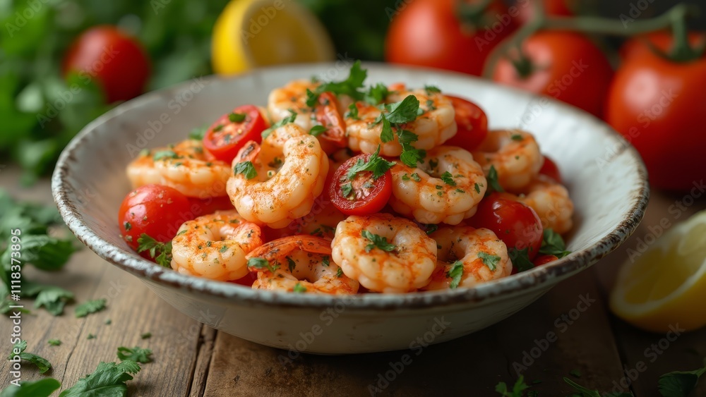 A bowl of shrimp and tomatoes on a wooden table A bowl of shrimp and tomatoes on a wooden table