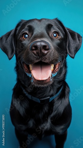 Joyful black dog with big smile and bright eyes in playful studio setting