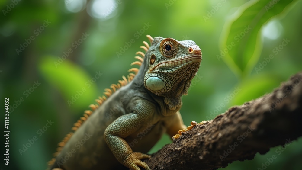 A green iguana sitting on a tree branch A green iguana sitting on a tree branch