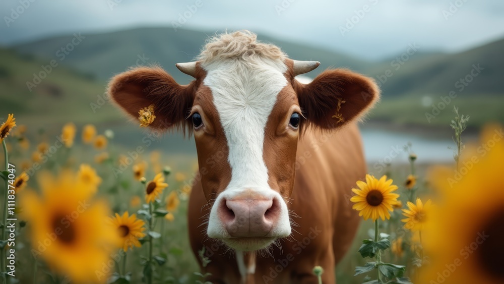 A brown and white cow standing in a field of sunflowers A brown and white cow standing in a field of sunflowers