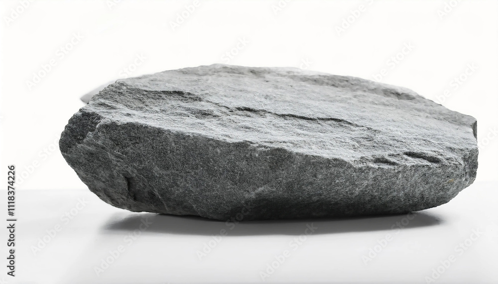Fototapeta premium A detailed view of a large, natural gray rock resting isolated on a clean white background, showcasing rough texture and natural form.