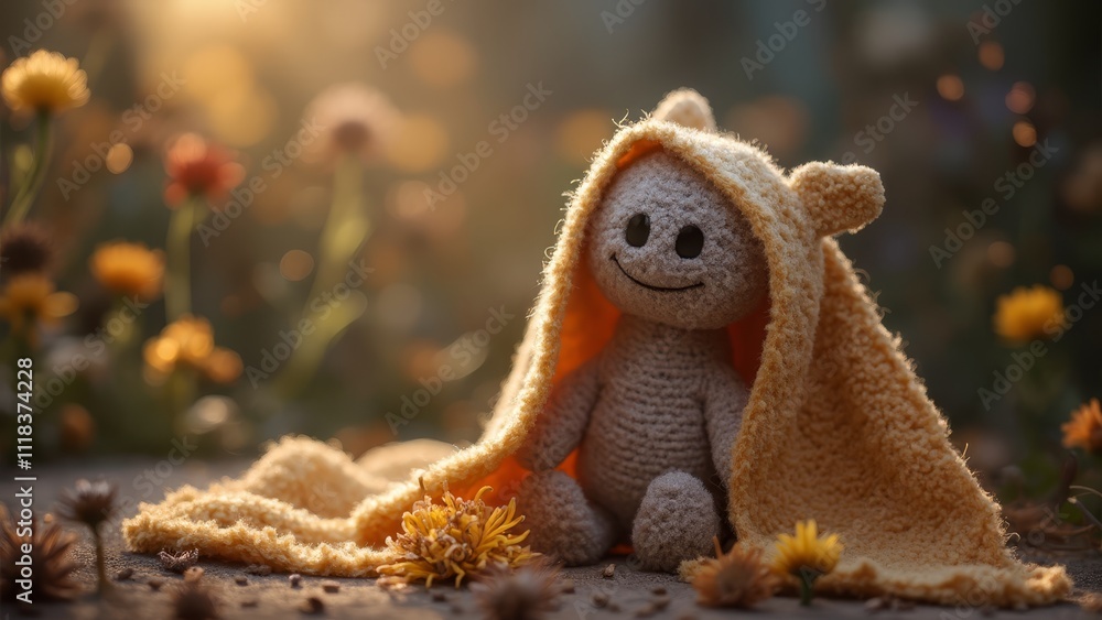 A bear wrapped in a blanket sitting in a field of flowers A bear wrapped in a blanket sitting in a field of flowers