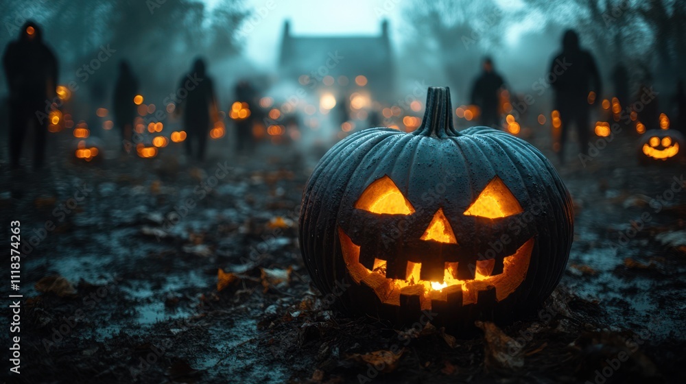 Naklejka premium Glowing jack-o'-lantern in a spooky Halloween scene with figures carrying lanterns.