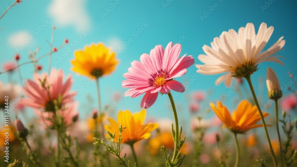 A field of pink and yellow flowers with a blue sky in the background A field of pink and yellow flowers with a blue sky in the background
