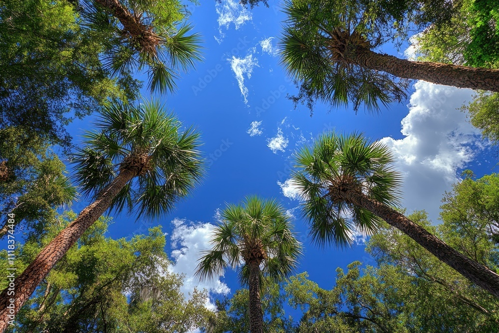 A serene view of palm trees against a bright blue sky with scattered clouds. A serene view of palm trees against a bright blue sky with scattered clouds.