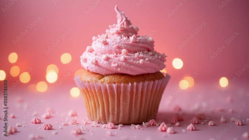 A cupcake with pink frosting on a pink background A cupcake with pink frosting on a pink background