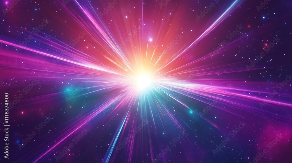 Naklejka premium Vibrant light rays burst from bright core in cosmic space.