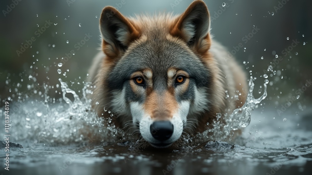 A wolf is splashing in the water with its head above the water A wolf is splashing in the water with its head above the water