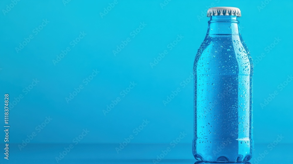 Refreshing Clear Water Bottle with Drops on Surface Against a Bright Blue Background, Perfect for Beverage and Hydration Themes Refreshing Clear Water Bottle with Drops on Surface Against a Bright Blue Background, Perfect for Beverage and Hydration Themes