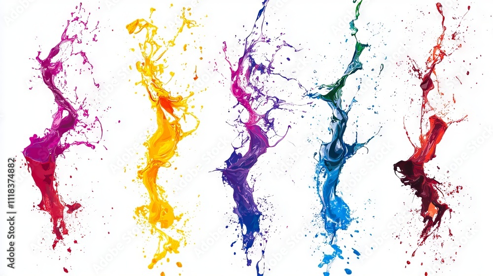 A set of four different colored paint splashes on a white background A set of four different colored paint splashes on a white background