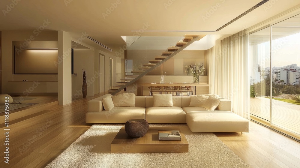 Fototapeta premium Bright and airy living room with a large L-shaped sofa, oak wooden floor, and soft rugs, perfect for comfortable gatherings