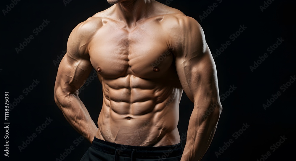 Obraz premium Slim muscular male model at black background. Fitness shirtless guy in black sport pants posing in studio. Man with six pack abs looking at camera.