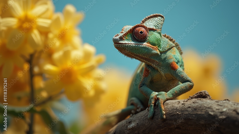 A chameleon sitting on a branch with yellow flowers in the background A chameleon sitting on a branch with yellow flowers in the background