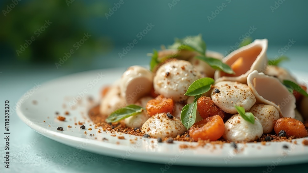 A white plate topped with scallops and tomatoes on a table A white plate topped with scallops and tomatoes on a table