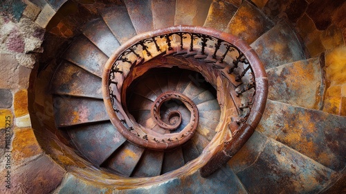 Spiral stone staircase, overhead view.