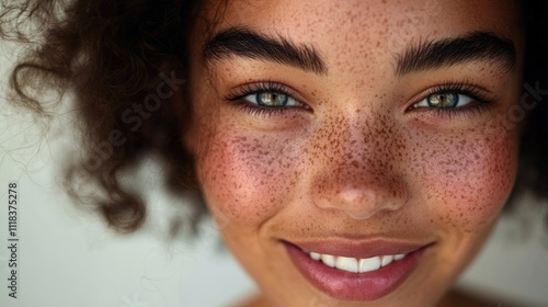 Radiant Beauty: Close-Up of a Young Woman with Freckles and Genuine Smile, Exuding Joy and Confidence.