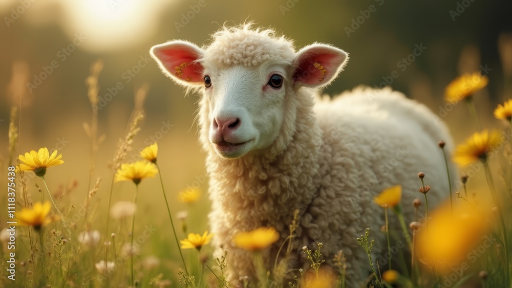 A small white lamb standing in a field of yellow flowers A small white lamb standing in a field of yellow flowers