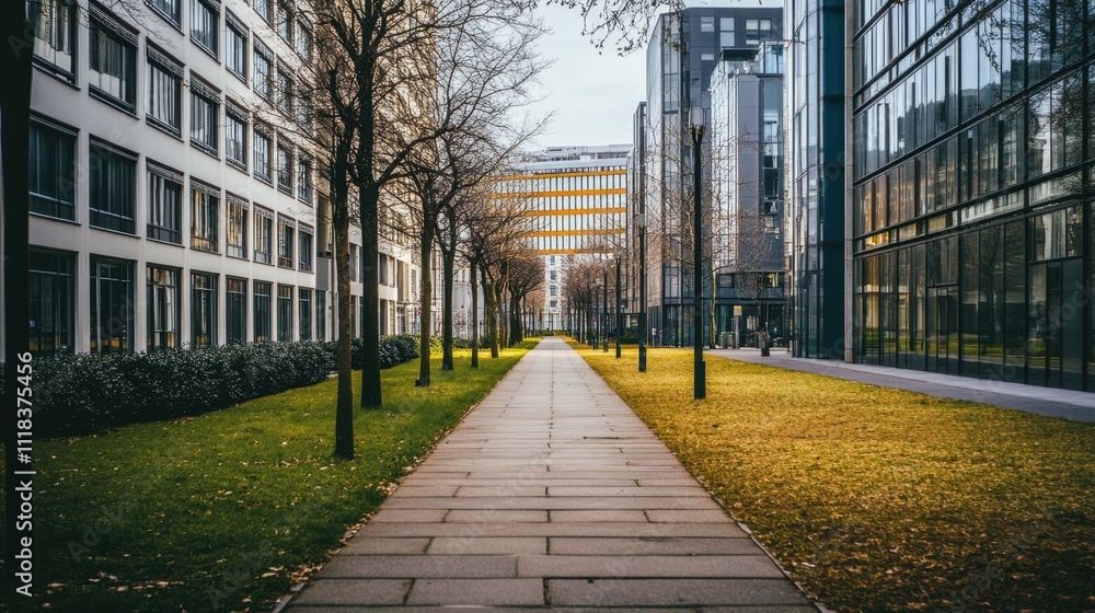 A long, narrow footpath bordered by sleek office buildings and sparse trees, wrapped in the silence of a cold day. A long, narrow footpath bordered by sleek office buildings and sparse trees, wrapped in the silence of a cold day.