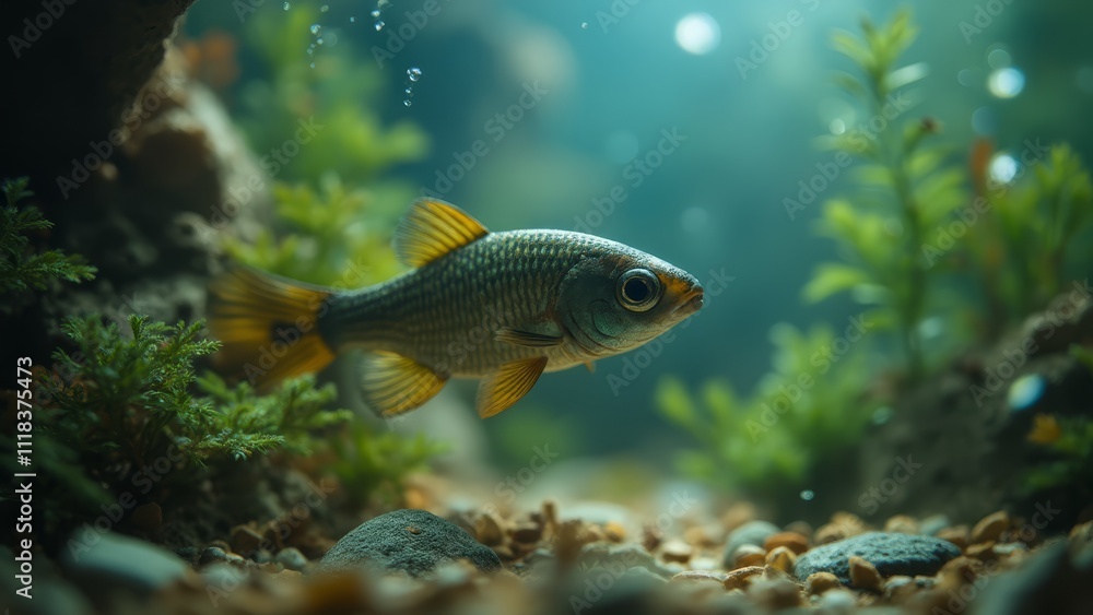 A small fish swimming in an aquarium filled with rocks and plants A small fish swimming in an aquarium filled with rocks and plants