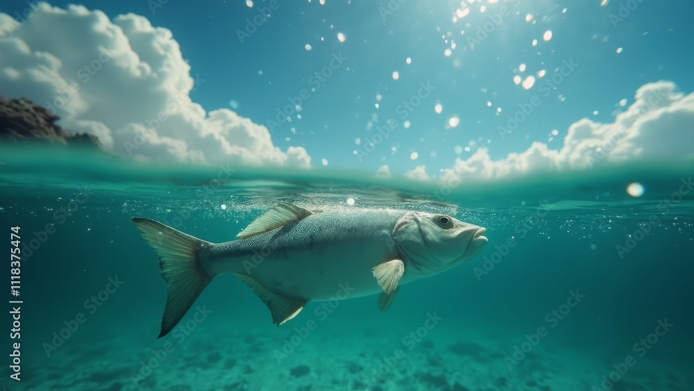 A large fish swimming in the ocean under a cloudy sky A large fish swimming in the ocean under a cloudy sky